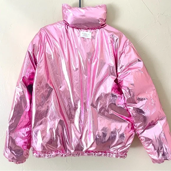 Pink sequin puffer jacket- size Small in women’s. Reversible foil pink - Picture 8 of 9
